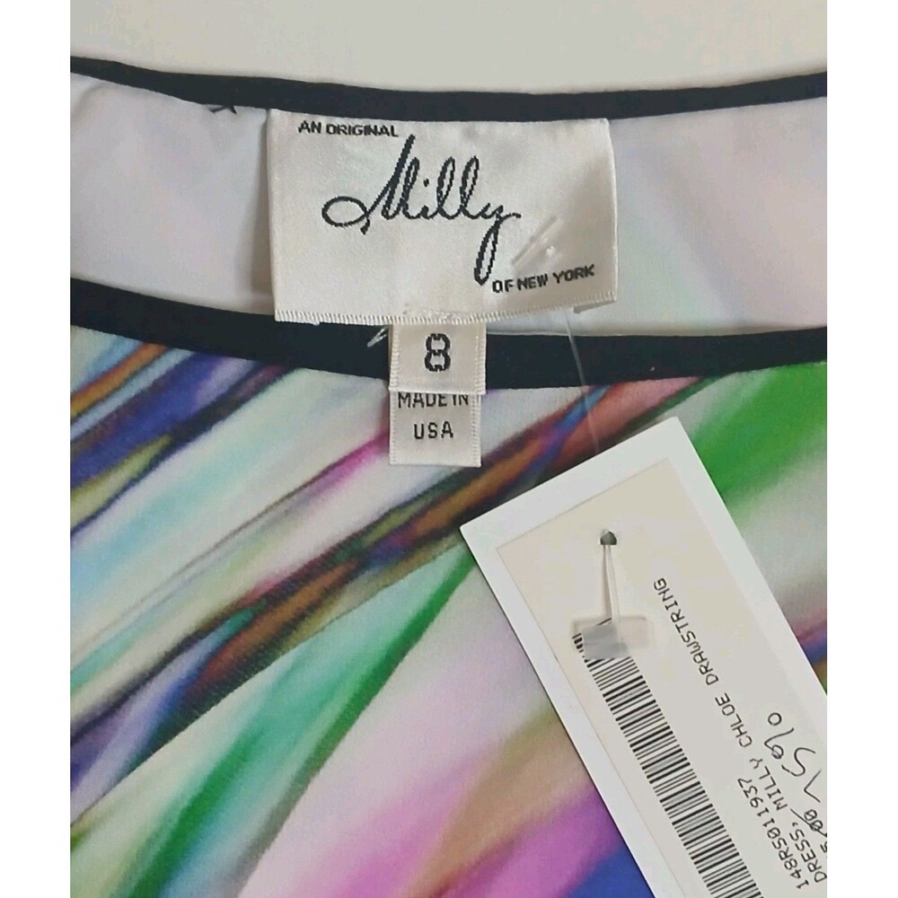 Milly Silk Dress Sz 8 Multicolor Shift Style Swirl Print w Rouched Side Hem $345 - Picture 12 of 15